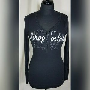 Aeropostale Henley Shirt Medium Black Long Sleeve